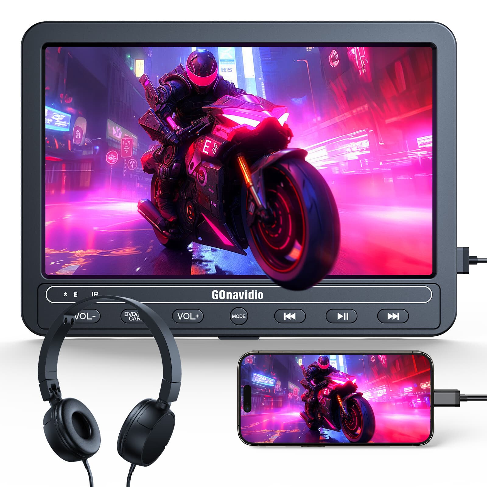 10.5" Screen Car Headrest DVD Player Back-Seat Monitor HDMI AV Out 5 Hrs Battery 4