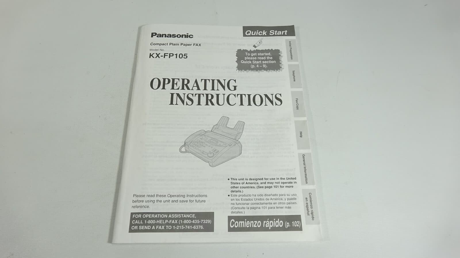 Panasonic Fax Machine KX-FP105 Manual Operating Instructions