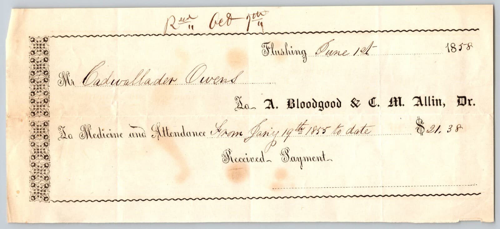 Drs. A. Bloodgood & C.M. Allin Flushing 1858 Medical Receipt Cadwallader Owens