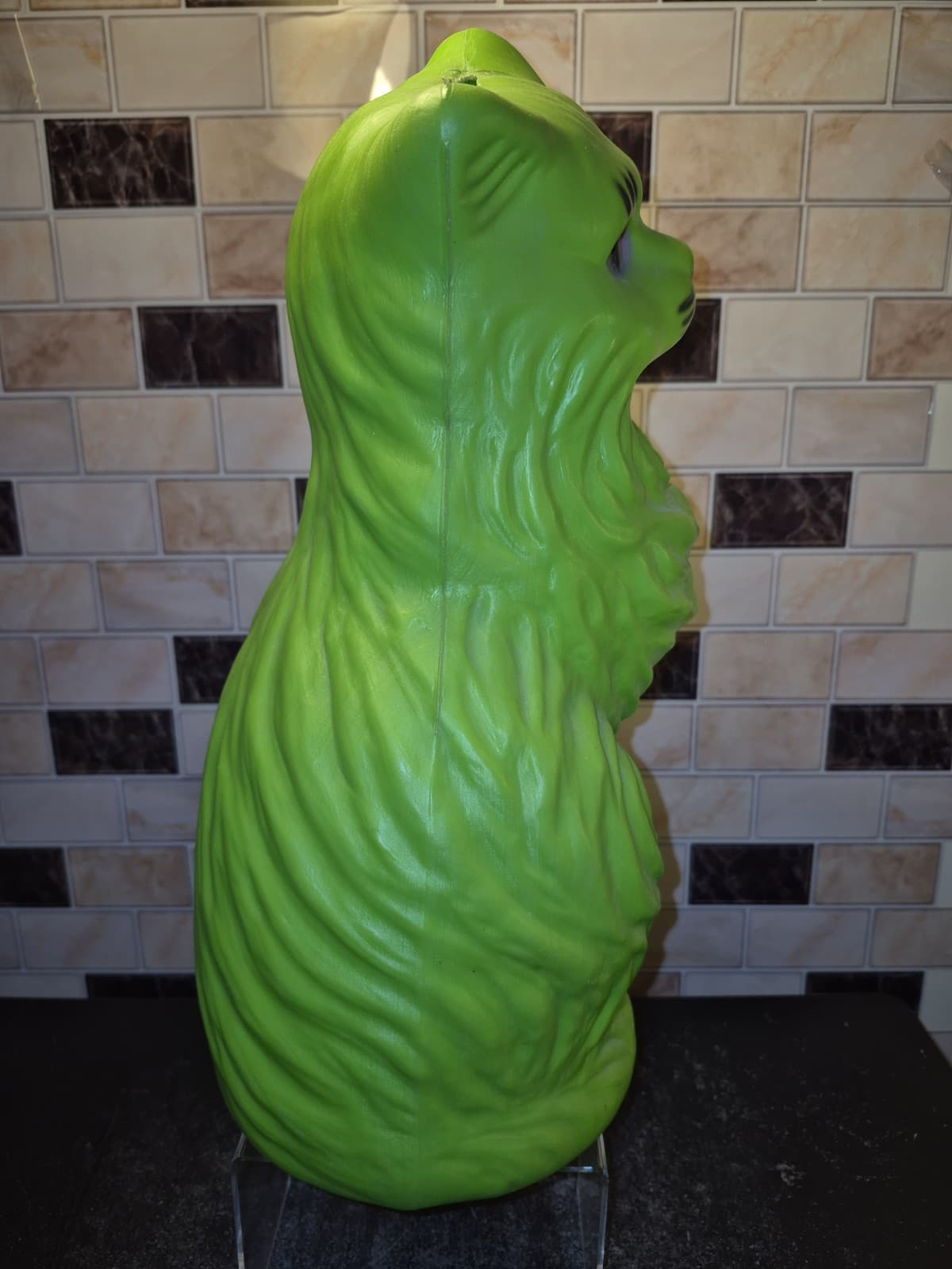 Vintage A.J. Renzi 16 Inch Cat Blow Mold Coin Money Bank Green With Pink Eyes 4