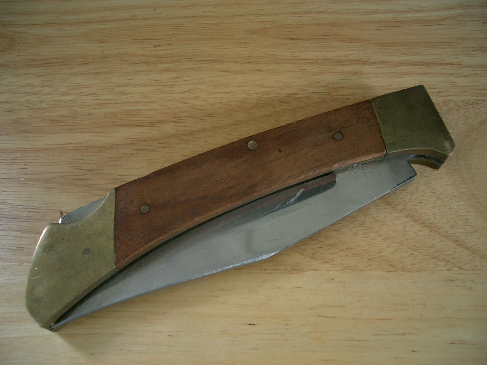 Vintage Pakistan Stainless Folding Hunting Knife Brass & Wood Handle 2