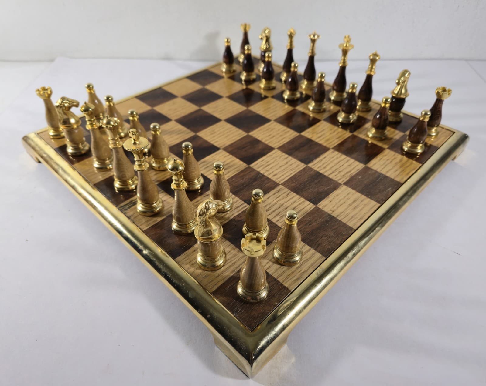 Vintage Oak Gold Plated Chess Set Wood & Metal Weighted Pieces & 15" Board