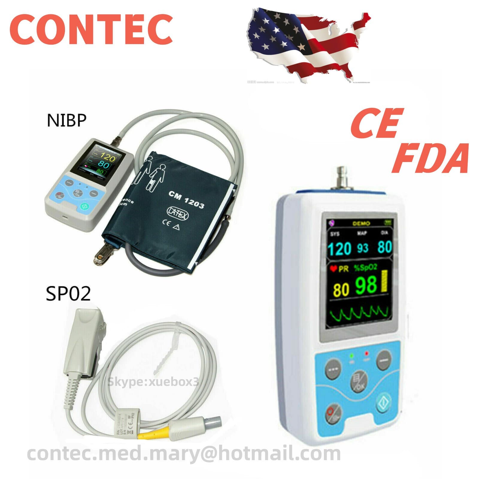 CONTEC PM50 Vital Signs Patient Monitor NIBP SPO2 PR Monitor+Adult Cuff+Software 5