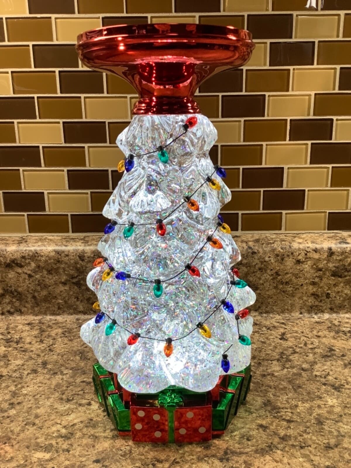 Bath & Body Works 11.25" Christmas Tree Water Globe Candle Pedestal Iridescent 3