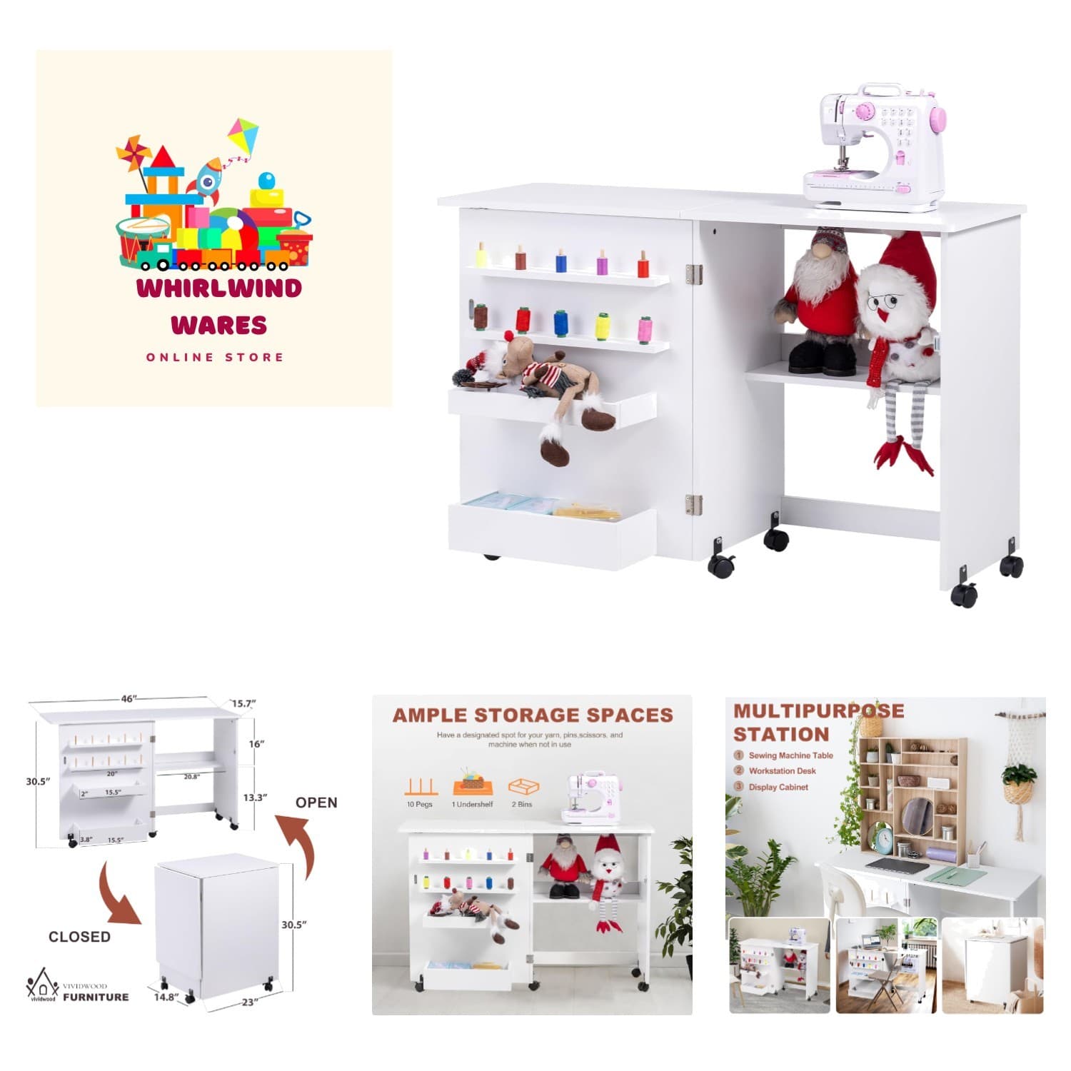 Multipurpose Sewing Machine Table - Space-Saving with Wheels and Magnetic Locks