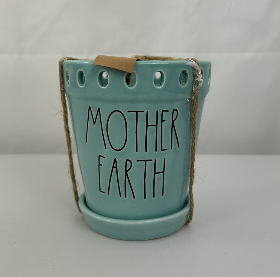 New Rae Dunn MOTHER EARTH Planter Succulent Pot w/Saucer Color Aqua 5 In Tall 5