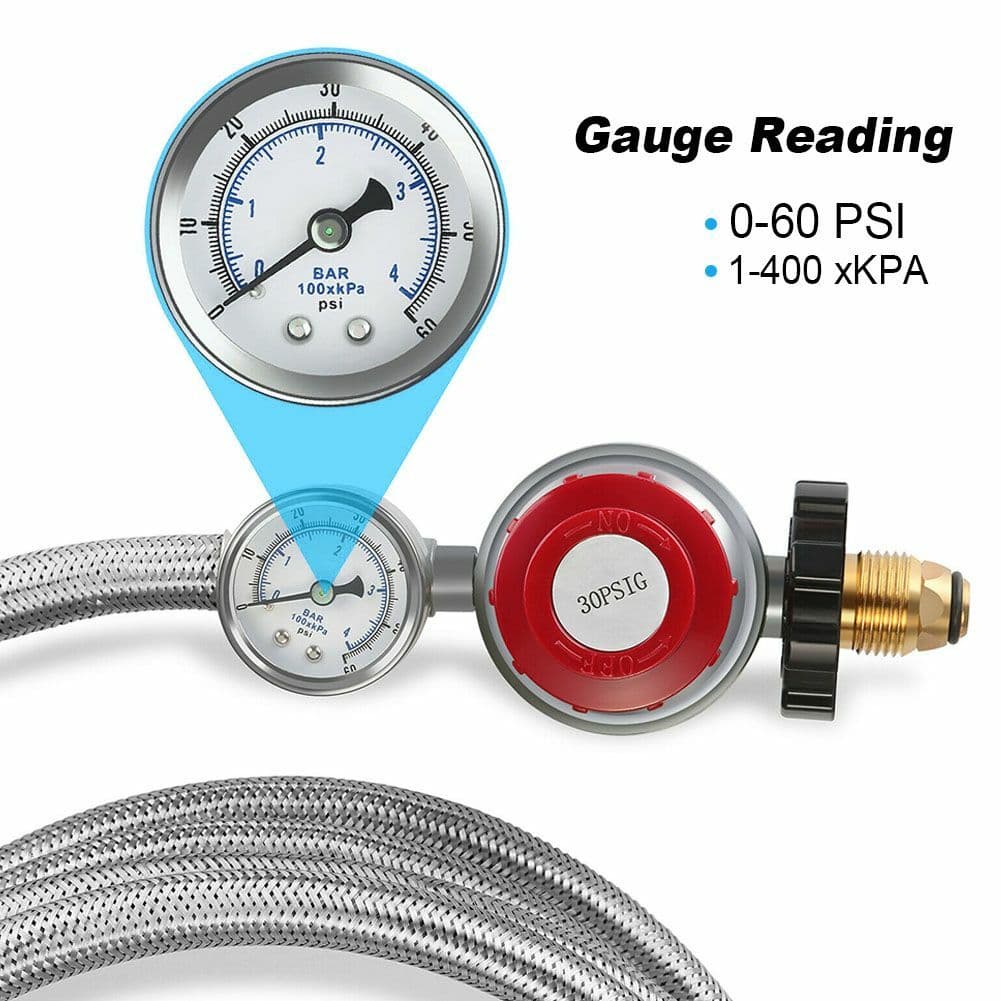 12FT Propane Gas Regulator Braided Hose Indicator 1/8 MNPT 0-30PSI High Pressure 4