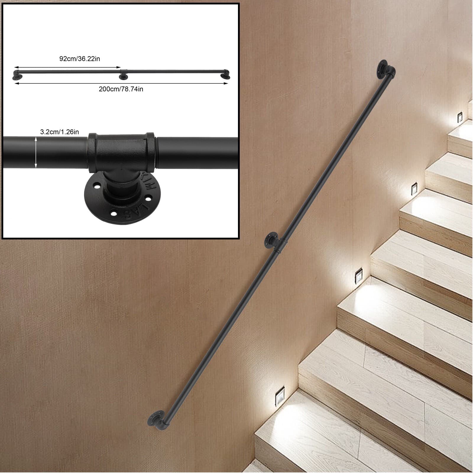 US Iron Handrail Stair Rail Wall Mounted Step Stair Handrail Staircase Grab Bar 3