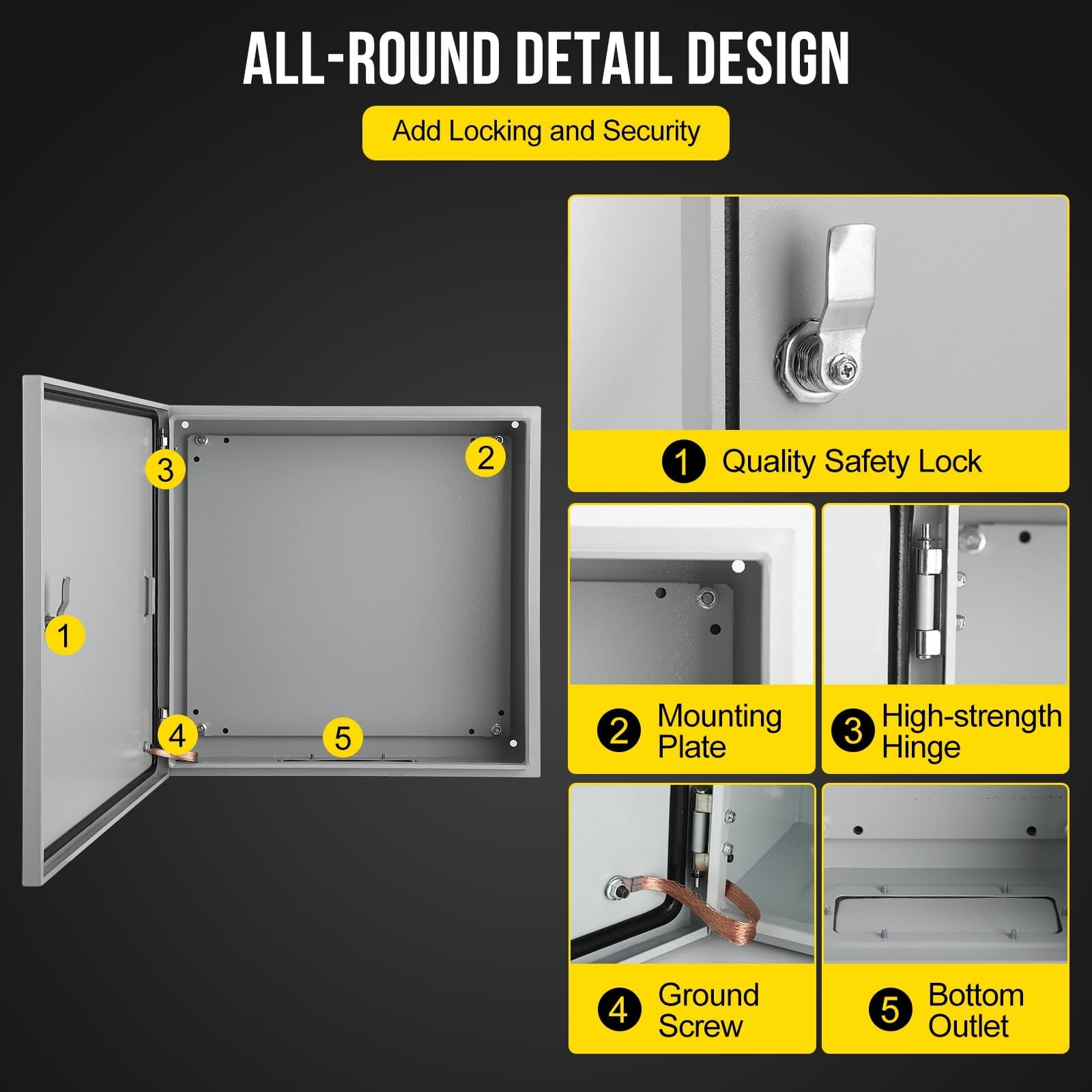 24"Lx24"Hx12"W, IP66 Steel Electrical Enclosure Box with Lock & Waterproof Seal 6