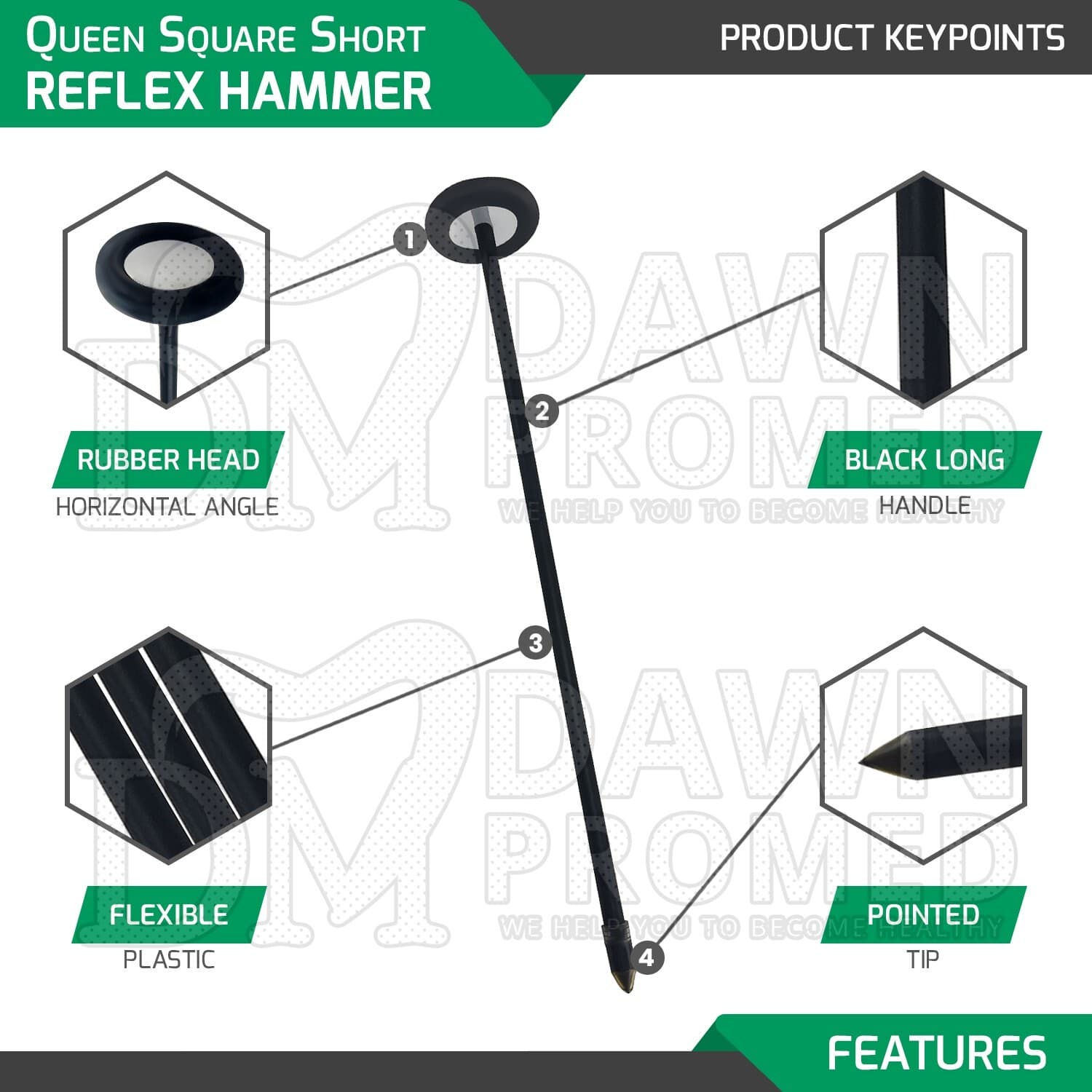Queen Square Neurological Reflex Hammer Black 9" Short Plastic Handle Diagnostic 3