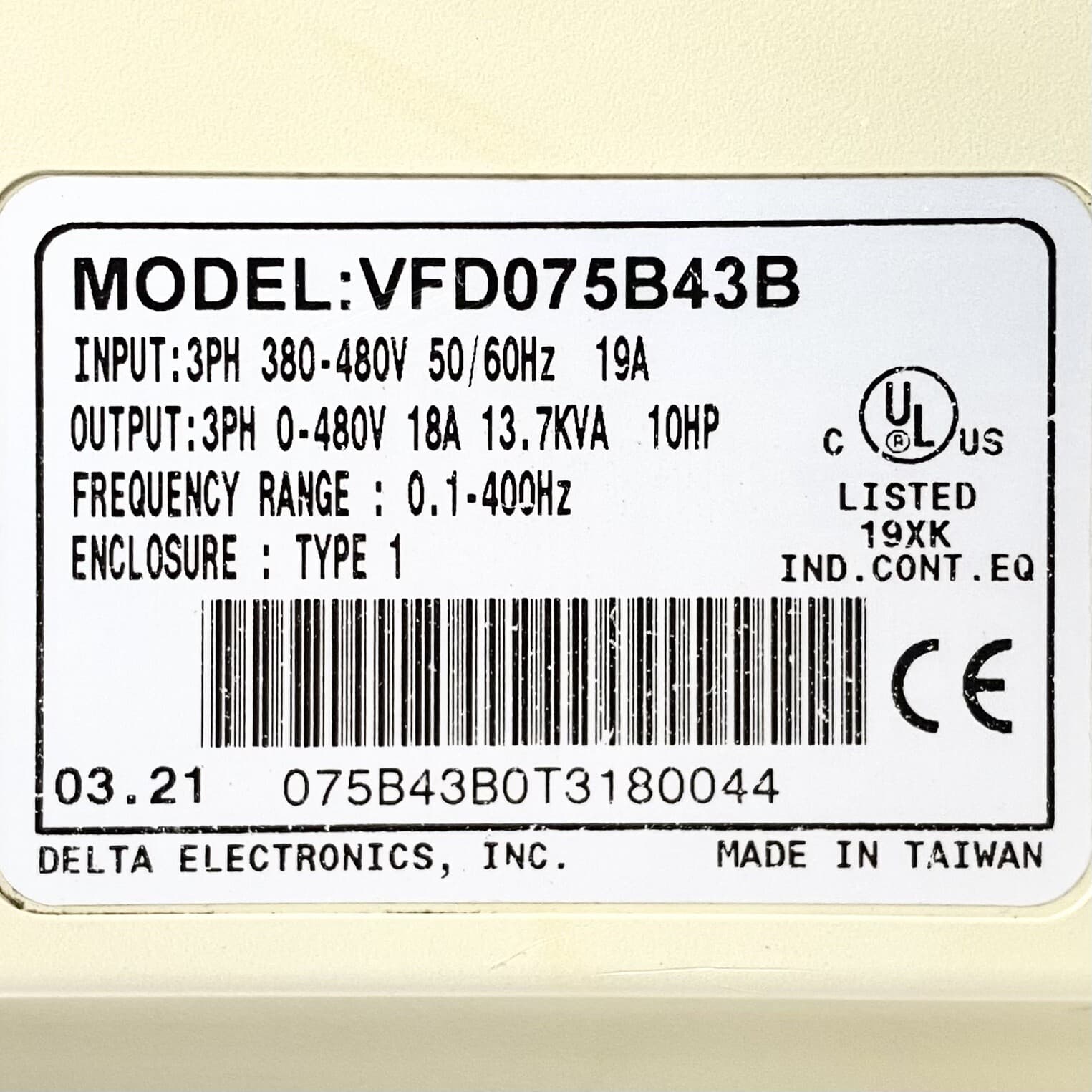 Delta VFD075B43B Inverter 3PH 380-480V 50/60Hz 19A 2