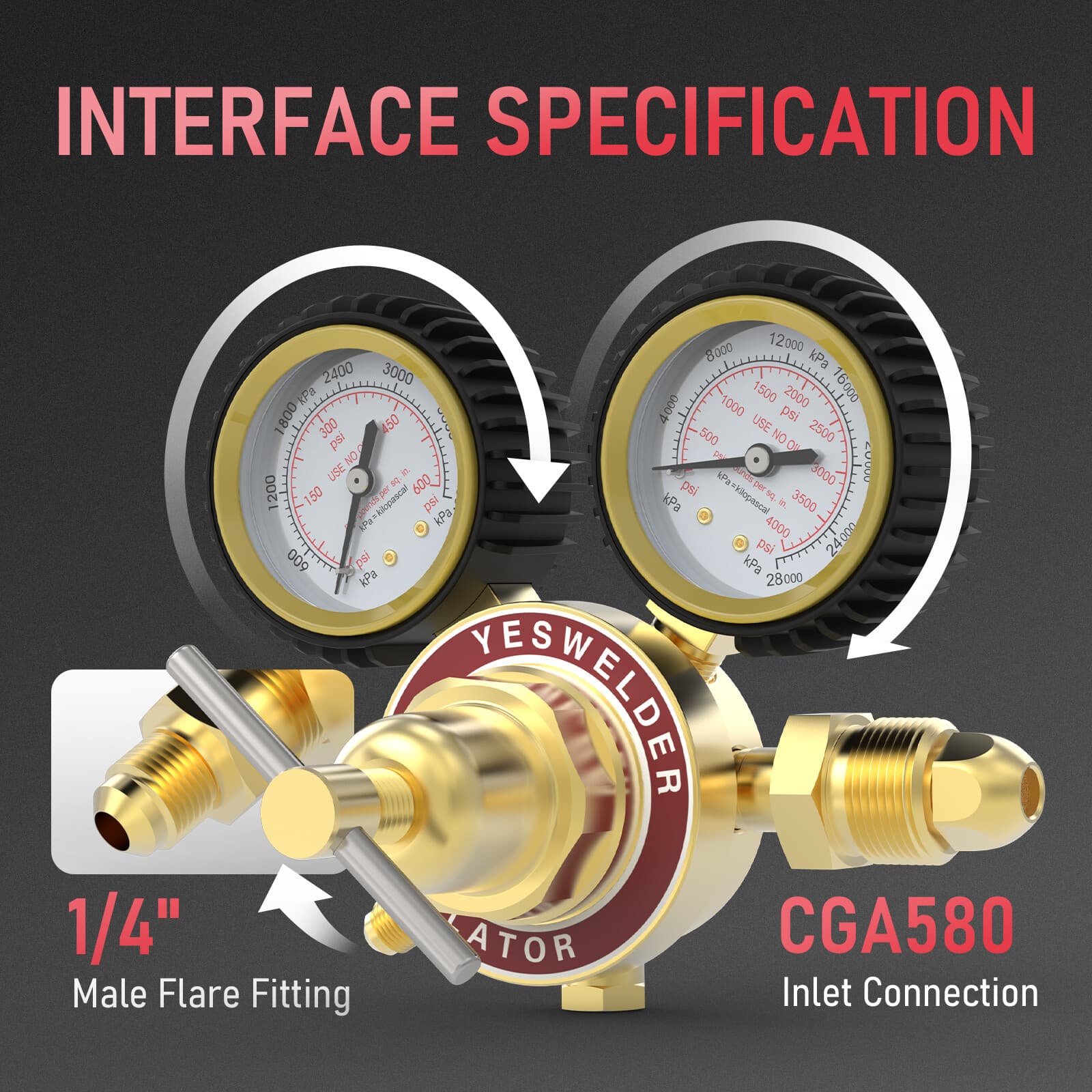 Nitrogen Regulator, 0-600 PSI, 0-4000PSI Output Pressure,CGA580 Inlet Connection 2