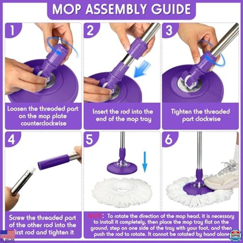 360° Rotating Spin Mop Replacement Handle - Telescopic Purple Pole for Cleaning 3