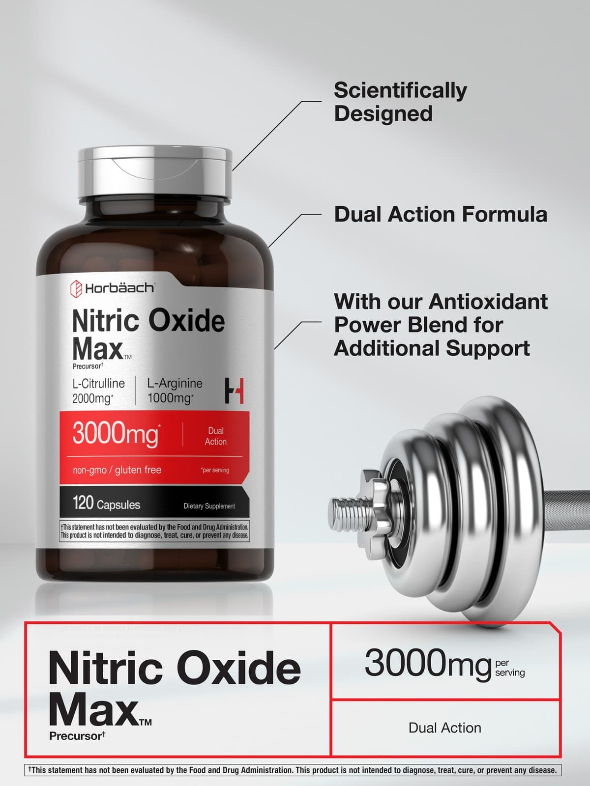 Nitric Oxide Capsules 3000mg 120 Count | L Arginine & L Citrulline | by Horbaach 3