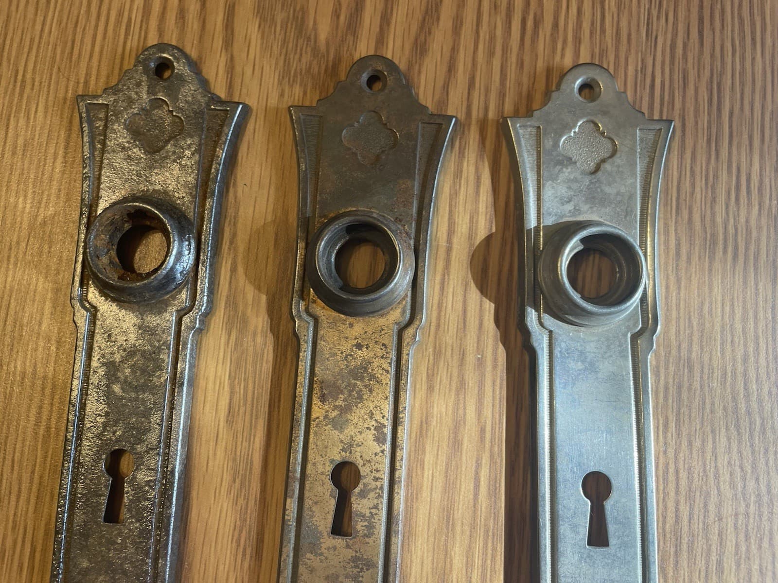 3 Vintage  Art Deco Door Knob Back Plates with Keyhole - Stamped Steel 3
