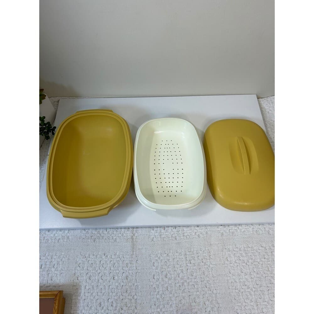 Vintage Tupperware 3 piece Kitchen Steamer Set - Harvest Gold 2