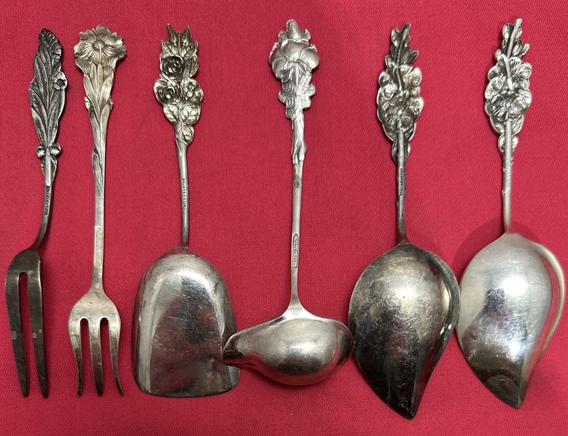 6 Pc 1964 HARLEQUIN Silverplated FORKS SHOVEL LADLE SERVER Mix by Reed & Barton 4