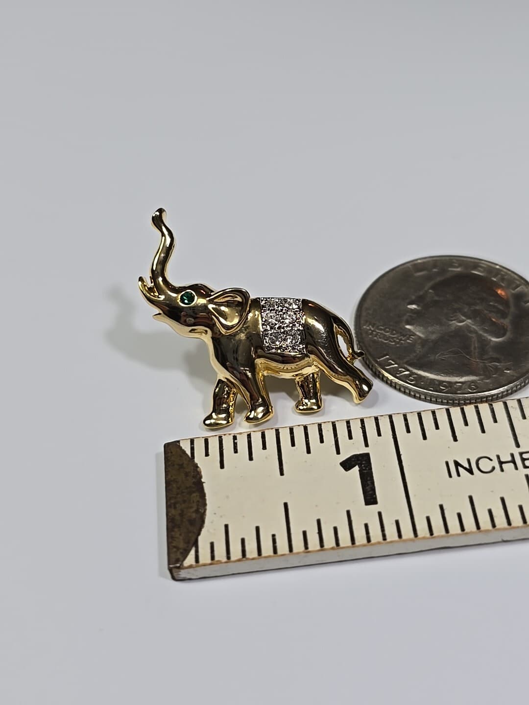 Elephant Lapel Pin Gold Color with Clear & Green Faceted Faux Gems 3