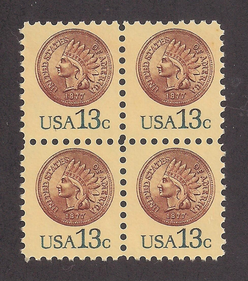 1877 INDIAN HEAD PENNY - BLOCK OF 4 U.S. POSTAGE STAMPS - MINT CONDITION