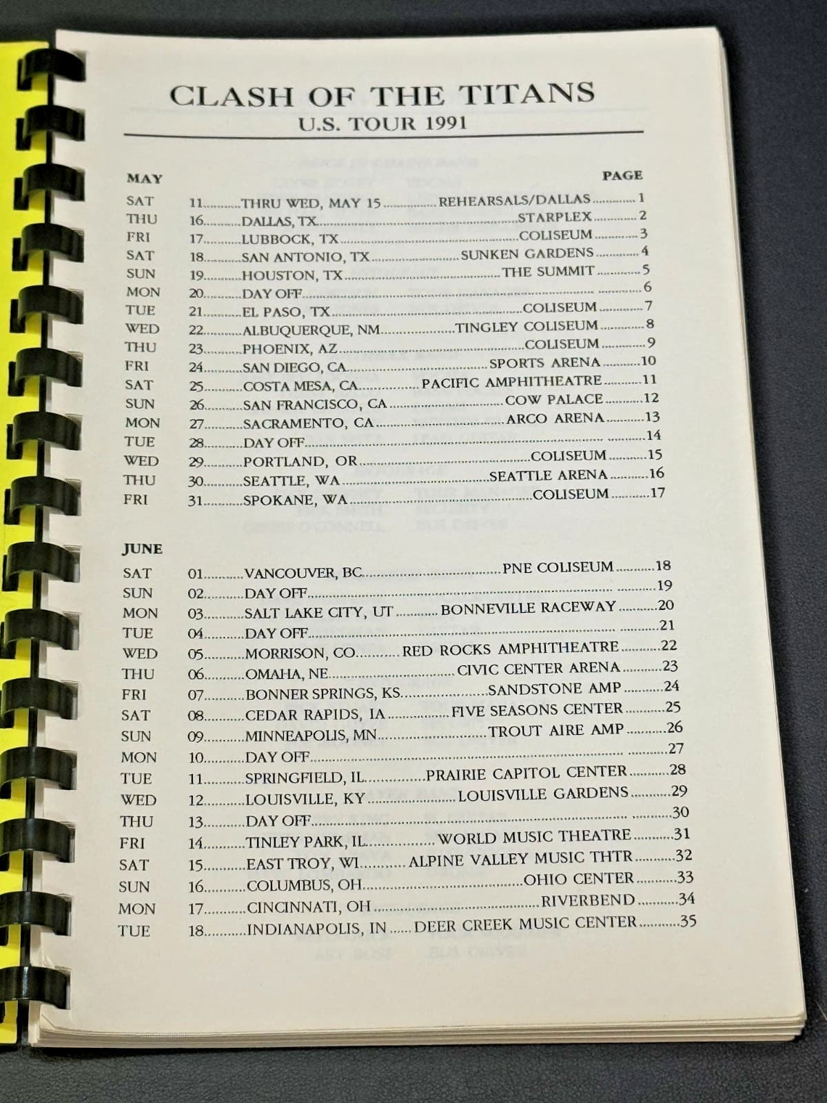 CLASH OF THE TITANS - RARE 91 TOUR ITINERARY - ANTHRAX, MEGADETH, SLAYER, AIC 2