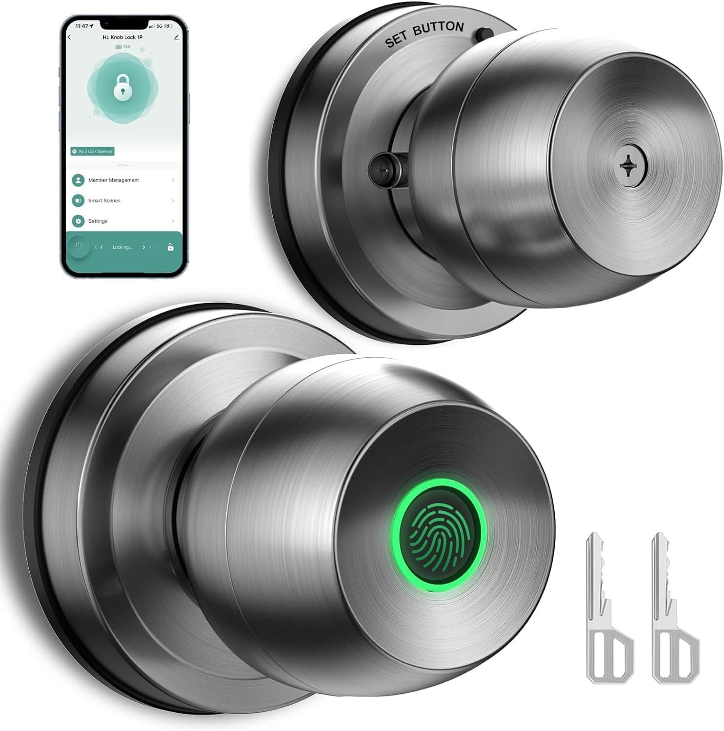 Smart Door Knob, Fingerprint Door Lock Smart Lock Biometric Satin Nickel