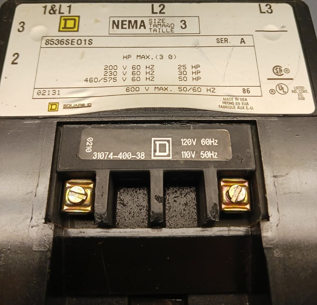 SQUARE D SIZE 3 MOTOR STARTER 8536SE01S COIL 120 V CONTACTS ARE 99.9% GOOD 2