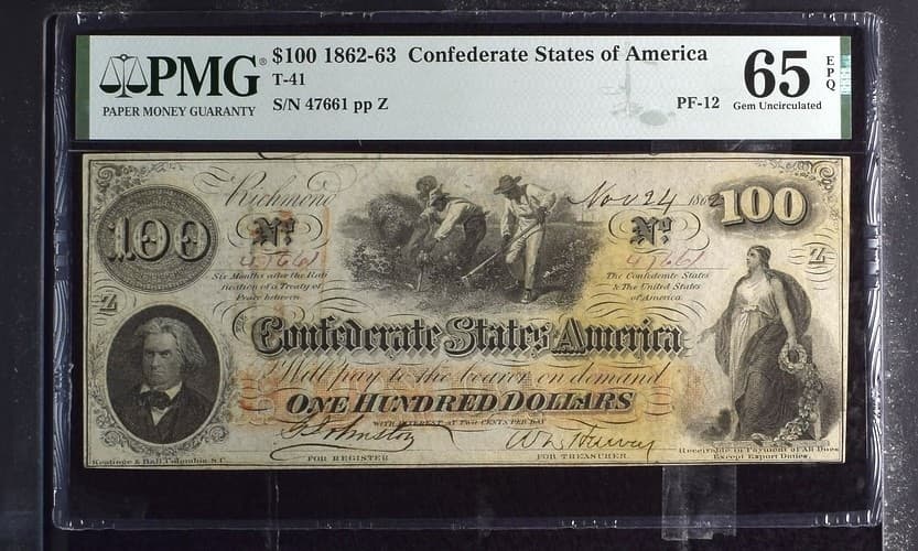 1862-63 $100 Confederate States of America Note T-41 PMG 65 EPQ