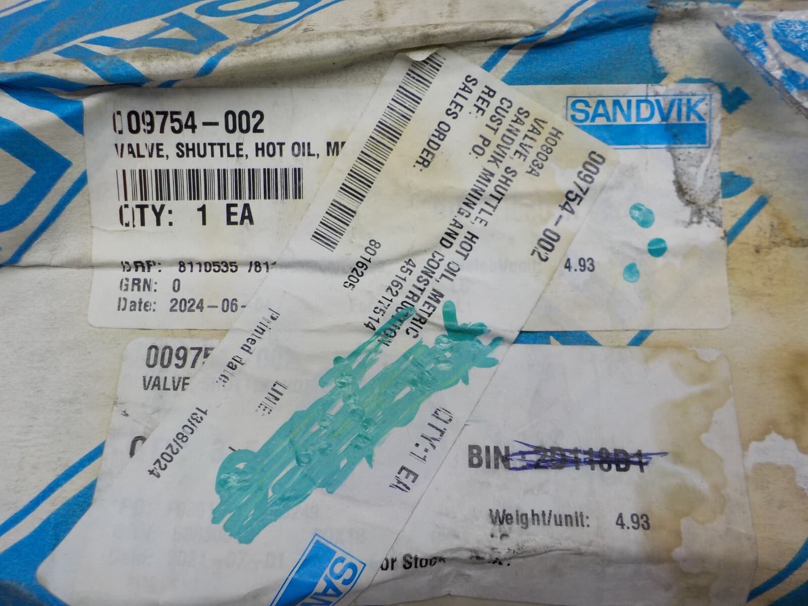 Sandvik 009754-002 Valve Shuttle, Hot Oil, 6