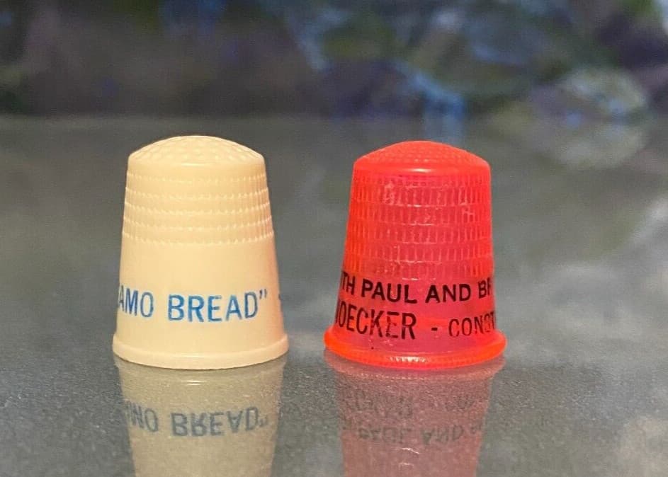 Vintage Lot of 2 Advertising Thimbles Kreamo Bread & Paul F. Noecker Insurace 3