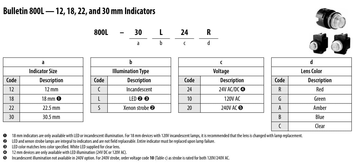 Allen Bradley 800L-22L10R 120 VAC, Red LED Indicator Used 5