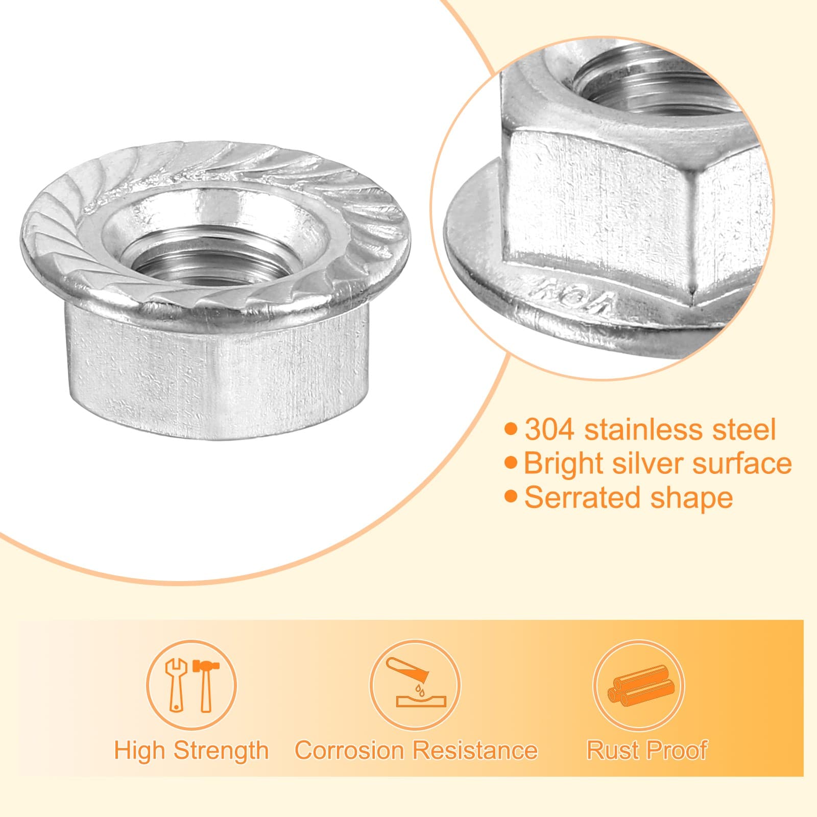 M8x1.25mm Serrated Flange Hex Lock Nuts, 20Pcs Hexagon Flange Nut, Silver 5