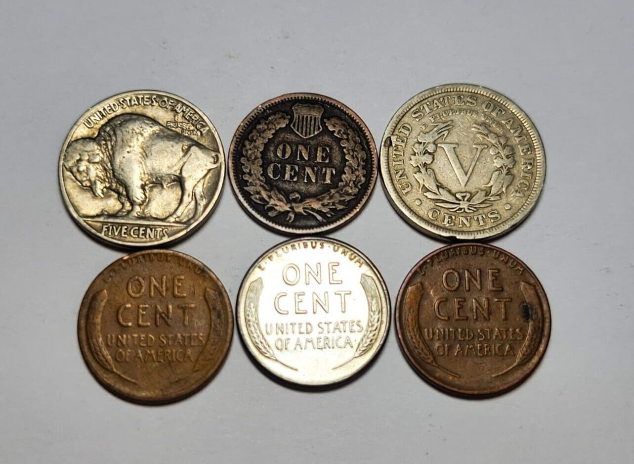 Lot of Indian Head Penny, Liberty V and Buffalo Nickel, Steel & 2 Wheat Pennies 2