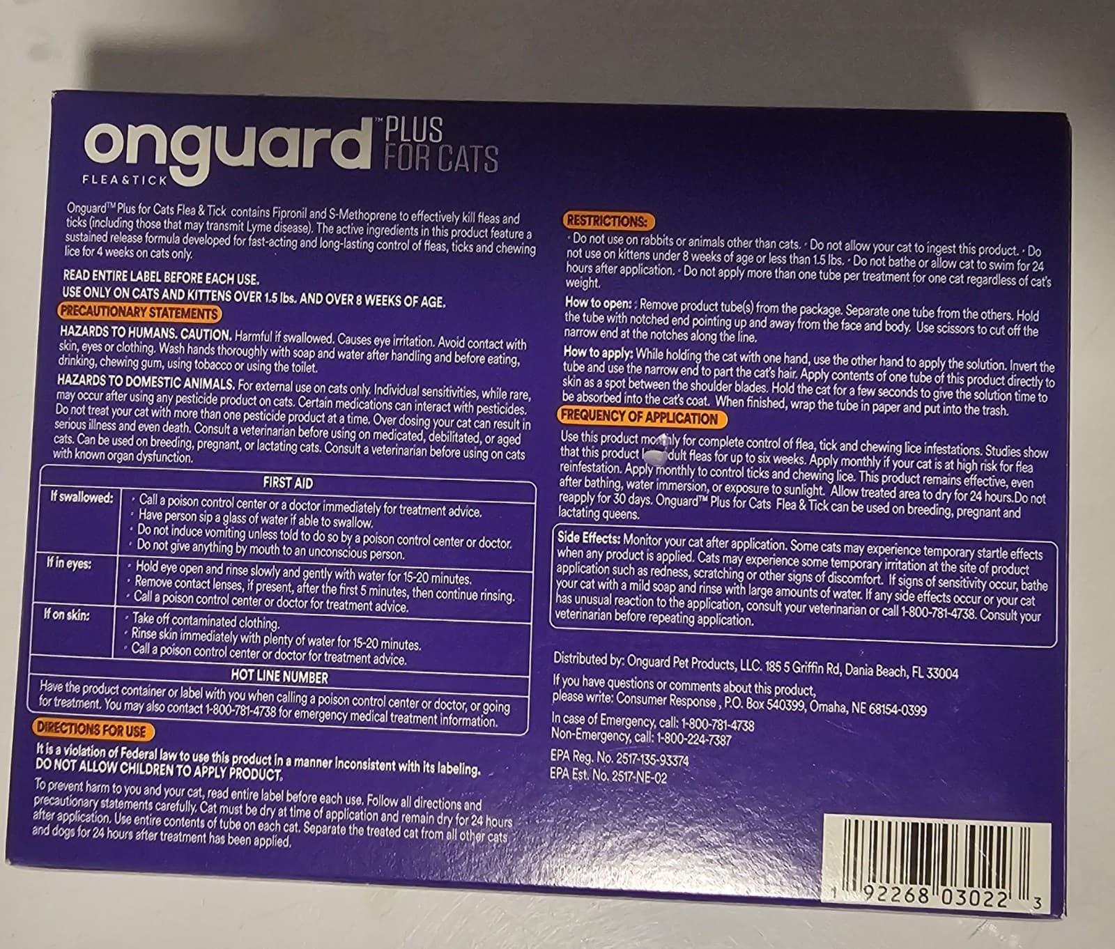 ONGUARD FLEA & TICK CAT SPOT TREATMENT  NEW SEALED  2