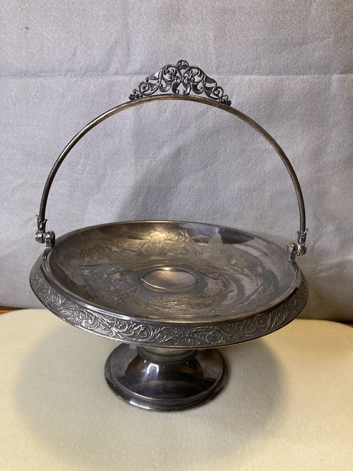 Silver Plate Compote bowl botanical & butterflies Meriden, Conn.  9.5” x  5” H