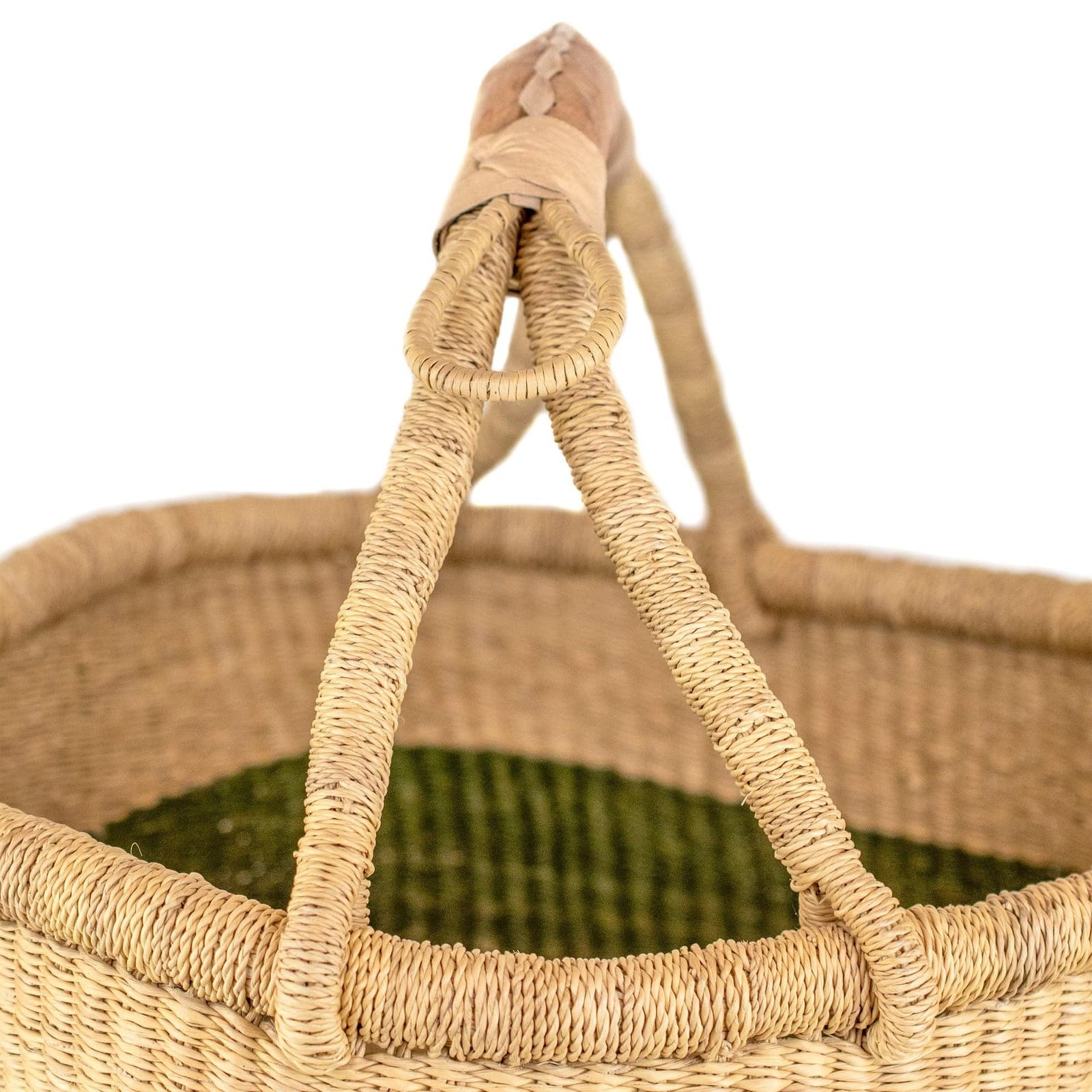 Ghanaian Bolga Basket, Striped Olive Green, Large Size African Handmade 3
