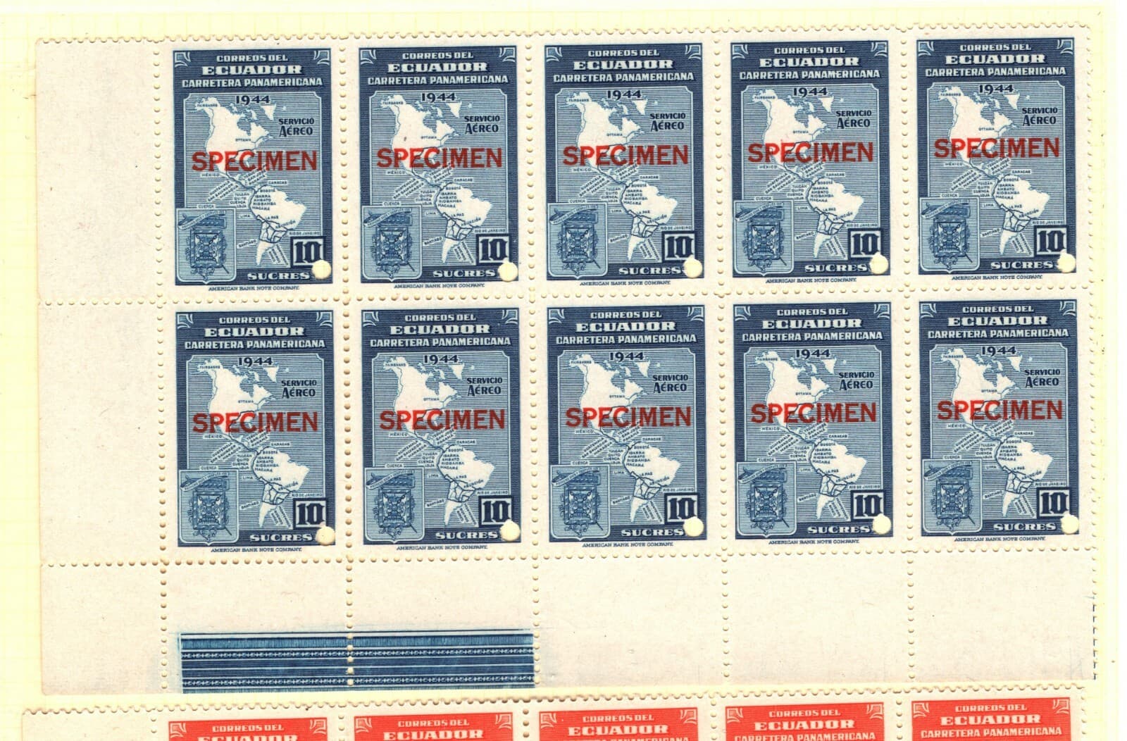 ECUADOR AIR MAIL Stamps{30} 1944 SPECIMEN 3s-10s High Values MAPS Blocks UM MB28 3