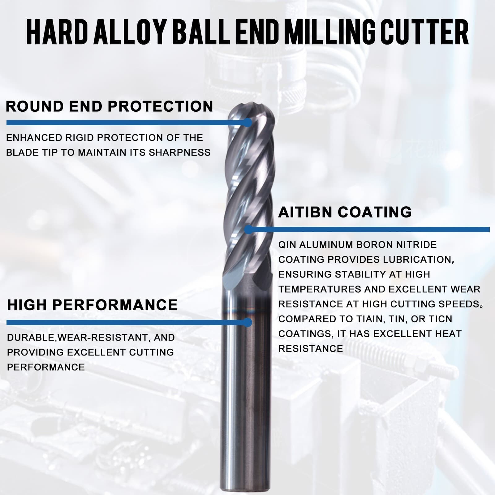 1/4" 4 Flute 2-1/2" Overall Length Ball Nose Solid Carbide End Mill AlTiN Coated 3