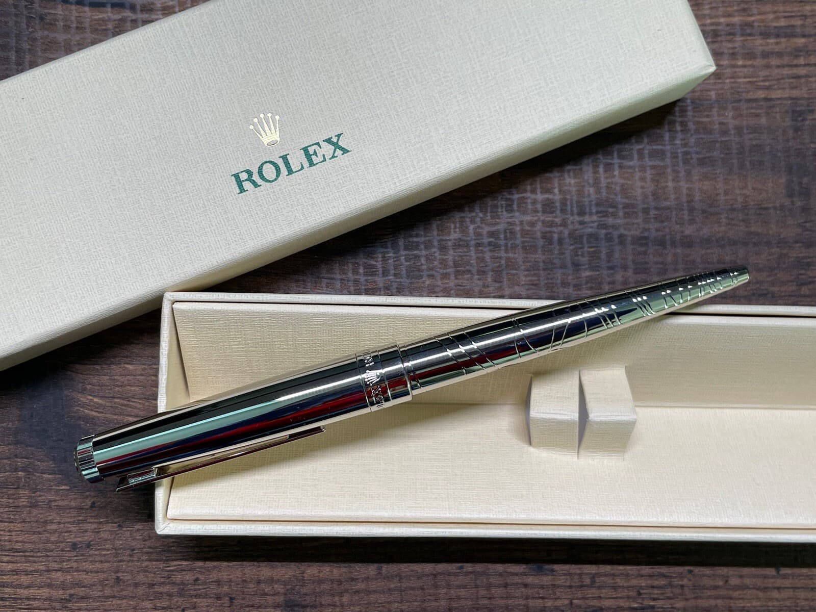 Authentic Rolex Ballpoint Pen Rare Silver Platinum Finish WAVE PATTERN In Box 2