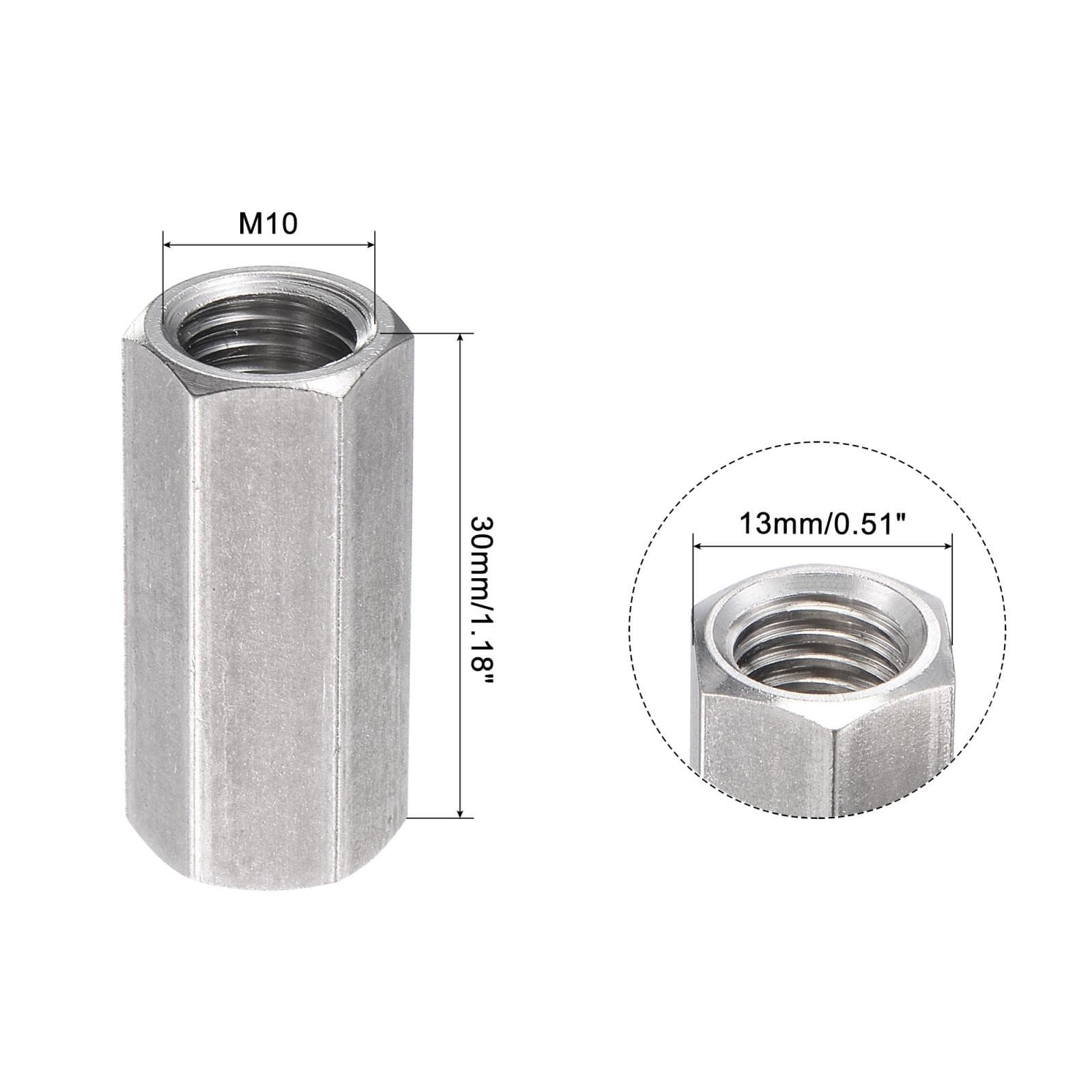 5pack M10 x 1.5-Pitch 30mm Length 304 Stainless Steel Metric Hex Coupling Nut 3