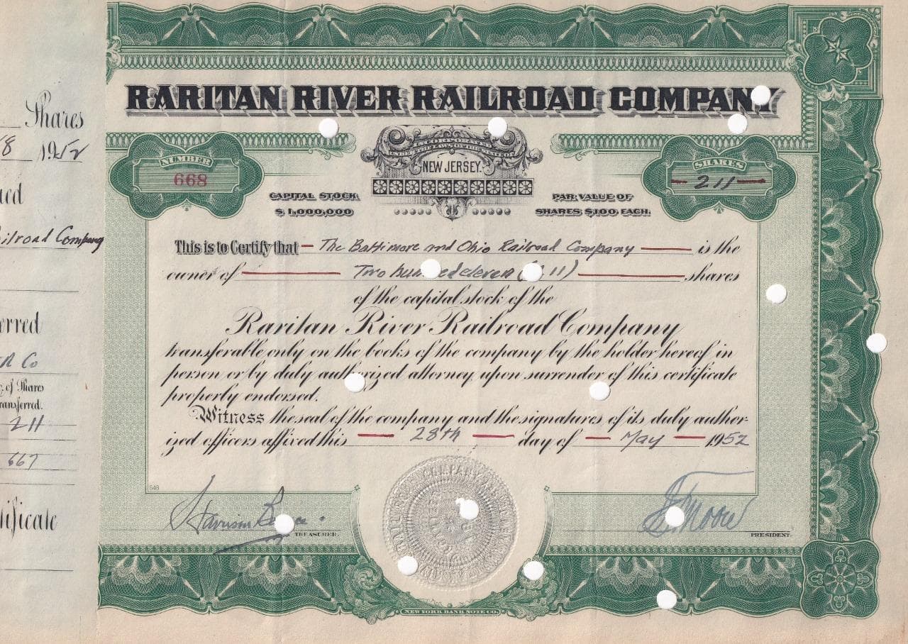 1952 Raritan River Railroad Company - capital stock certificate - New Jersey