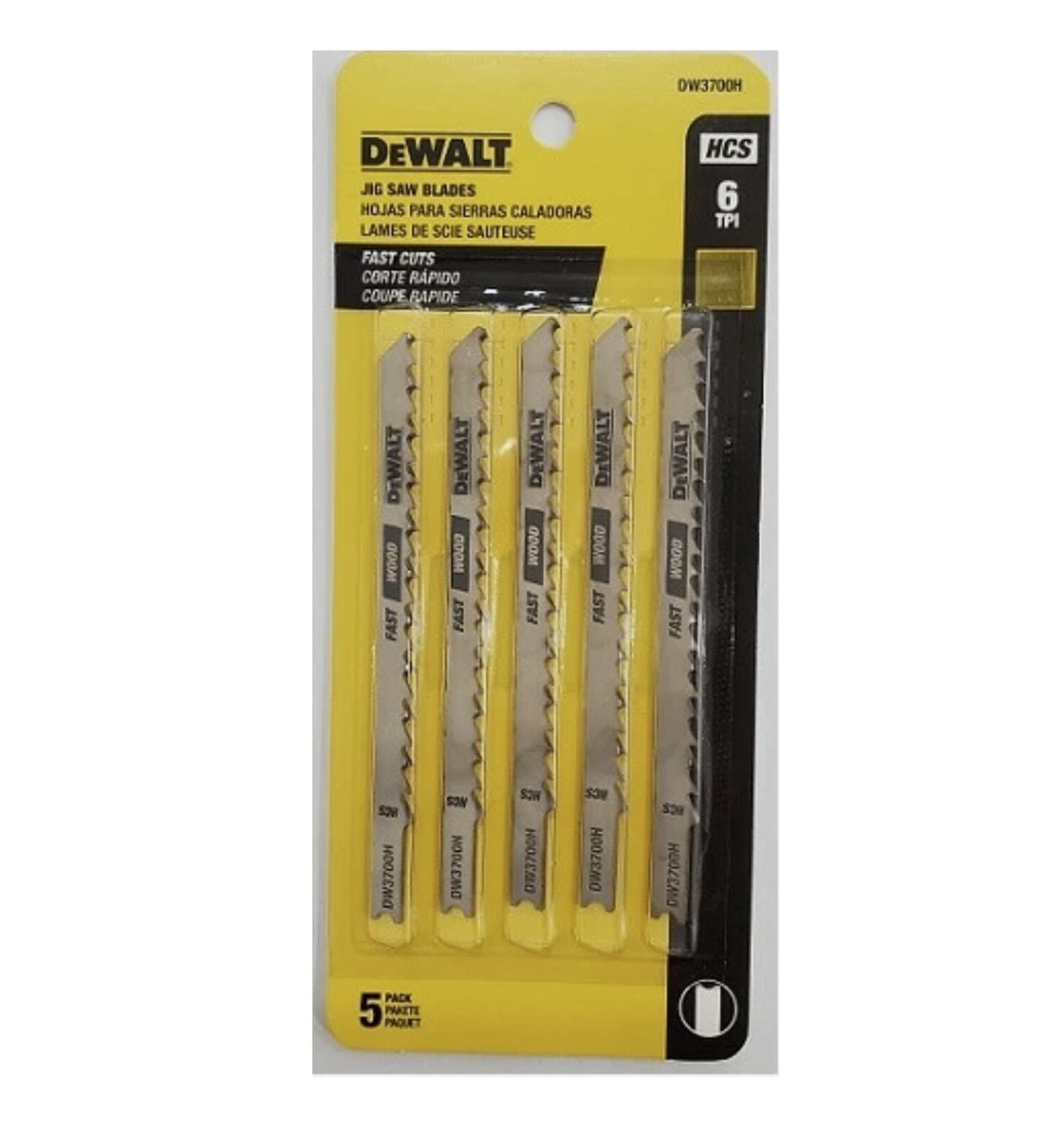 DeWALT DW3700H Jigsaw Blades, U-Shank, 6 TPI, 5 Pieces Pack, Wood, Fast Cut HCS