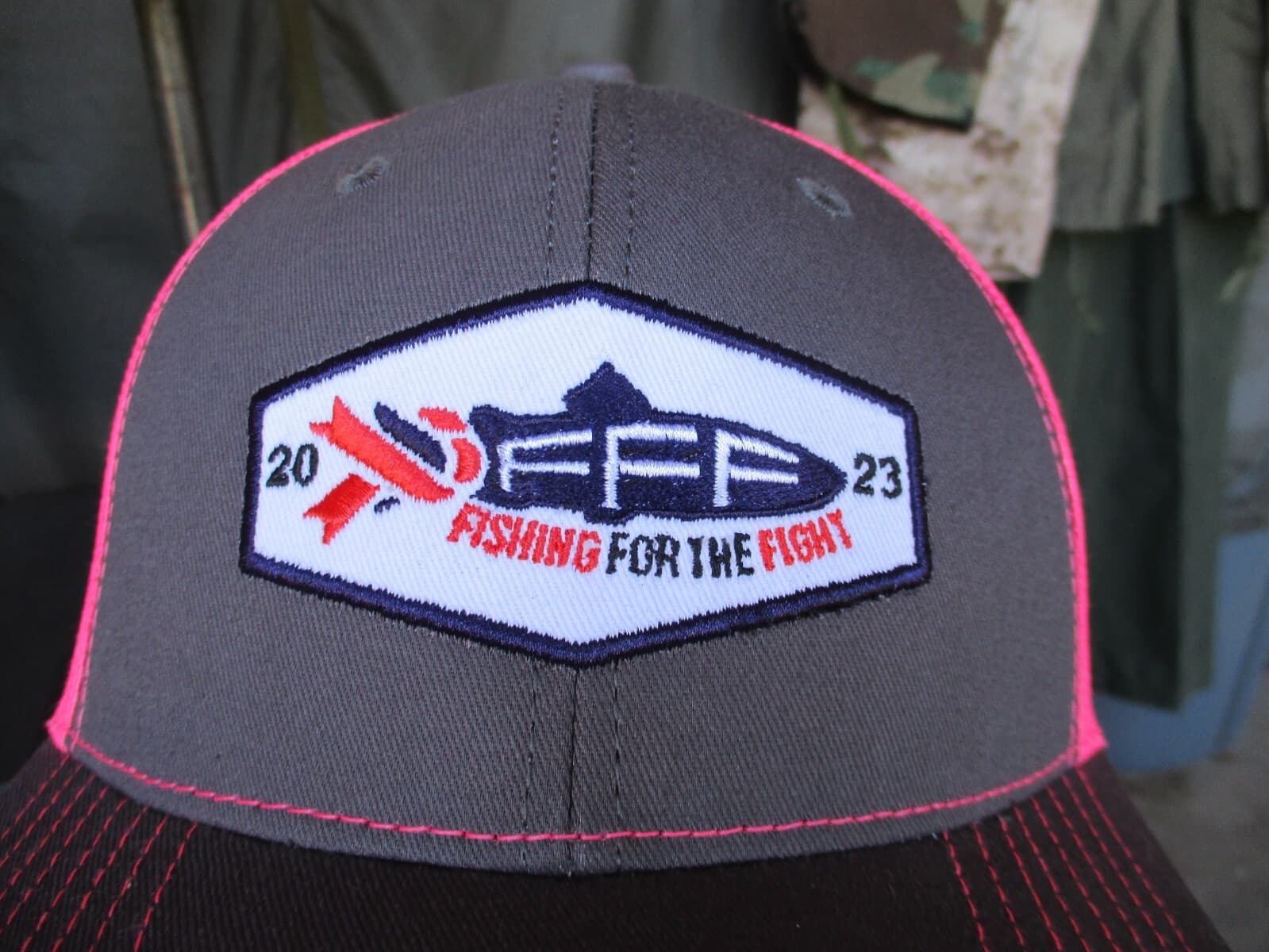 Grey & Pink FISHING FOR THE FIGHT Fly Fishing Mesh Back Trucker Hat, Unworn #1 2