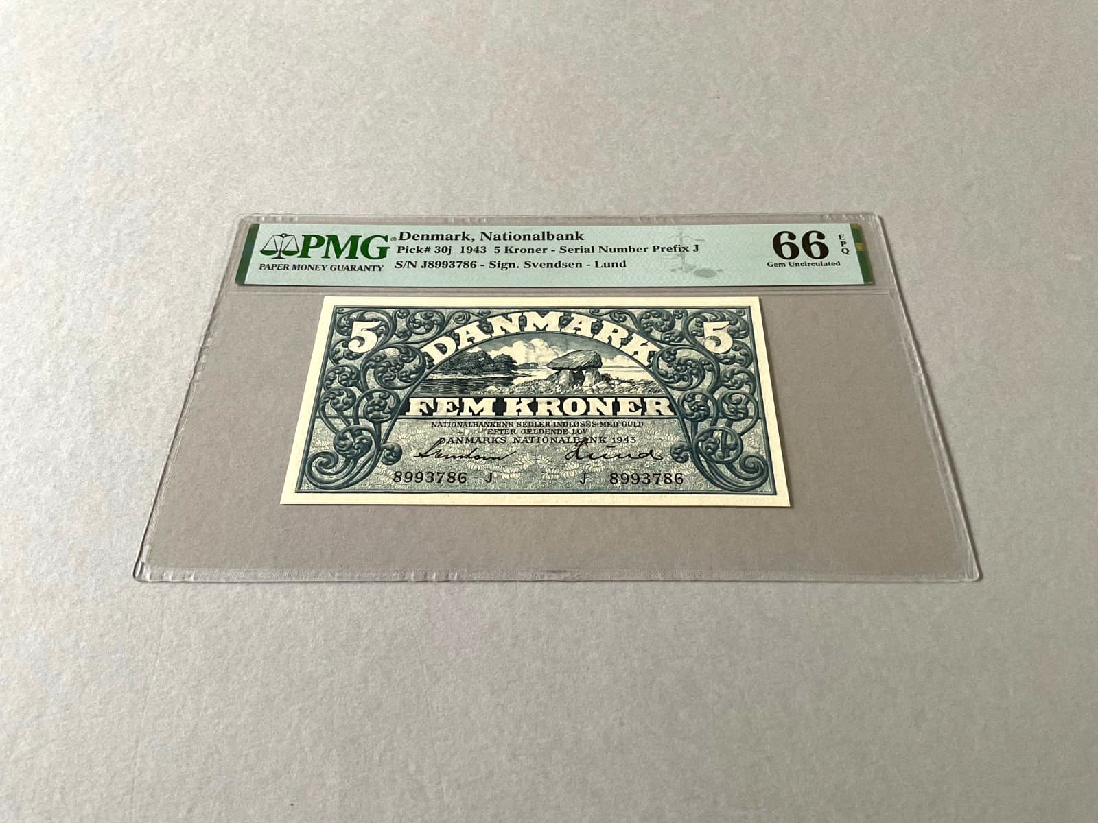 Denmark 5 Kroner P-30j 1943  PMG 66 EPQ 2