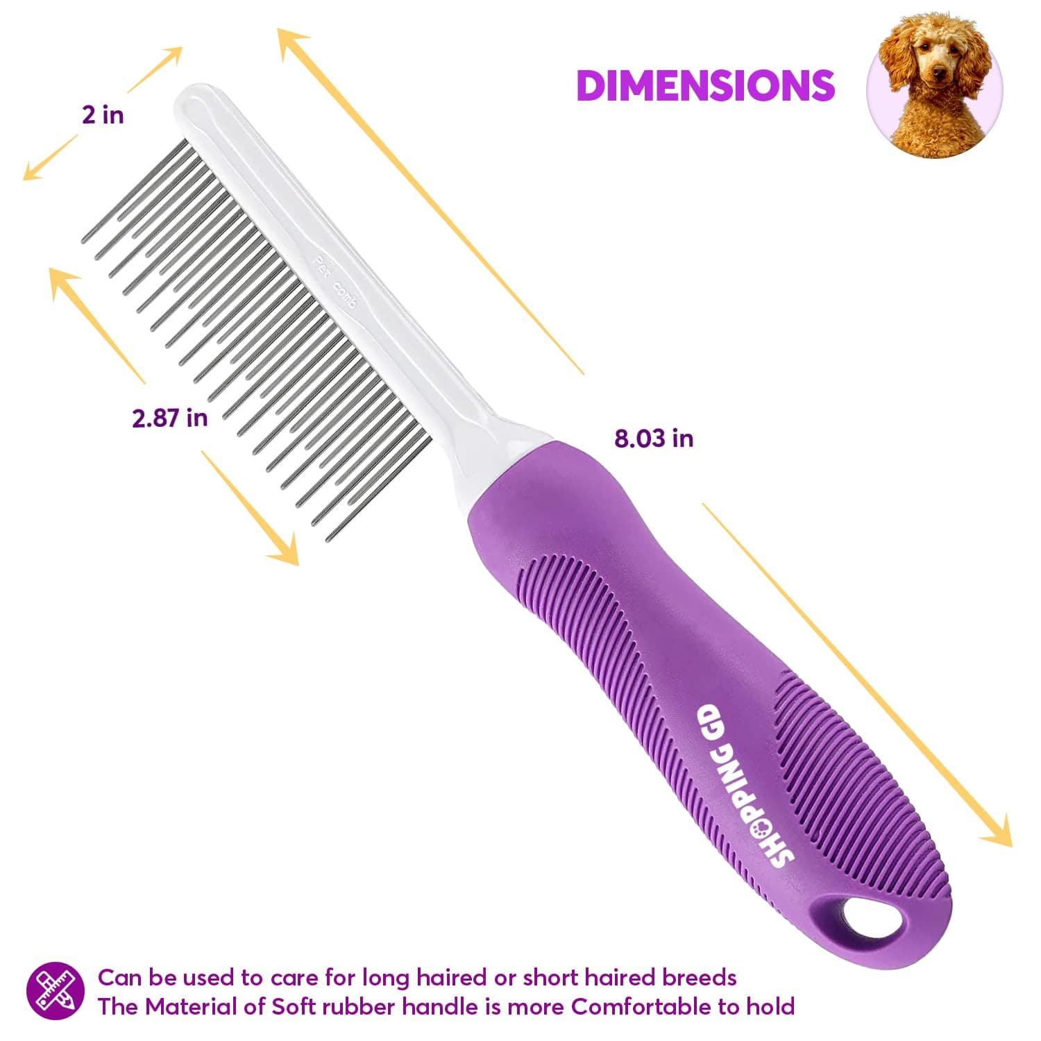 Detangling Pet Comb for Dogs & Cats with Long & Short Stainless Steel Metal Teet 3