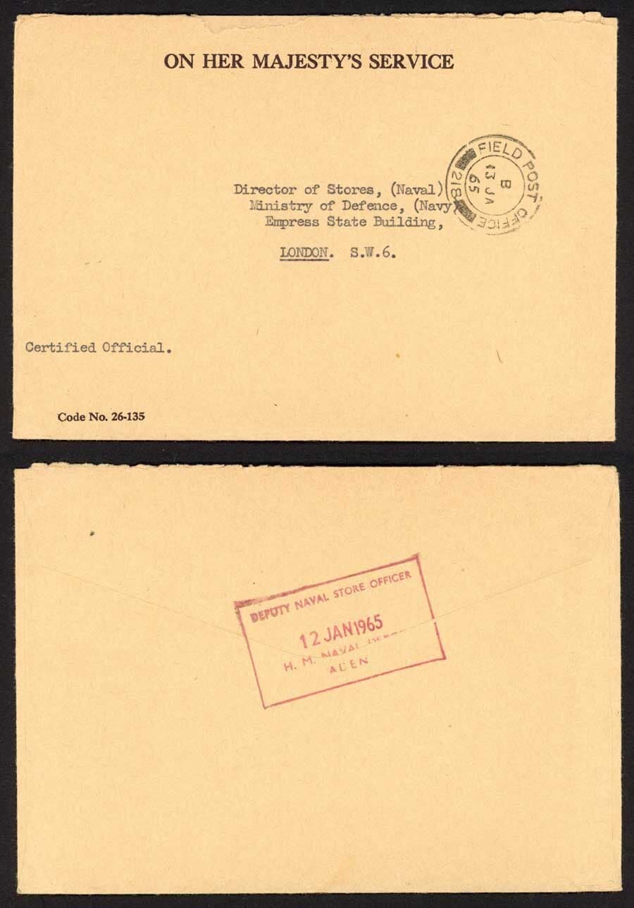 Aden 1965 Stampless OHMS Field Post Office cover to the MOD London