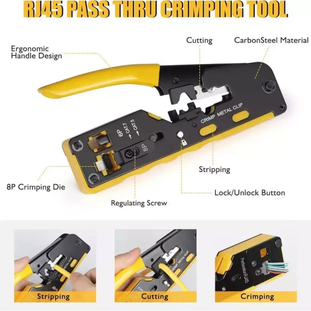 RJ45 Network Crim Cat5 Cat6 Cat7 Crimping Tool Kit Ethernet Pass Through Crimper 4