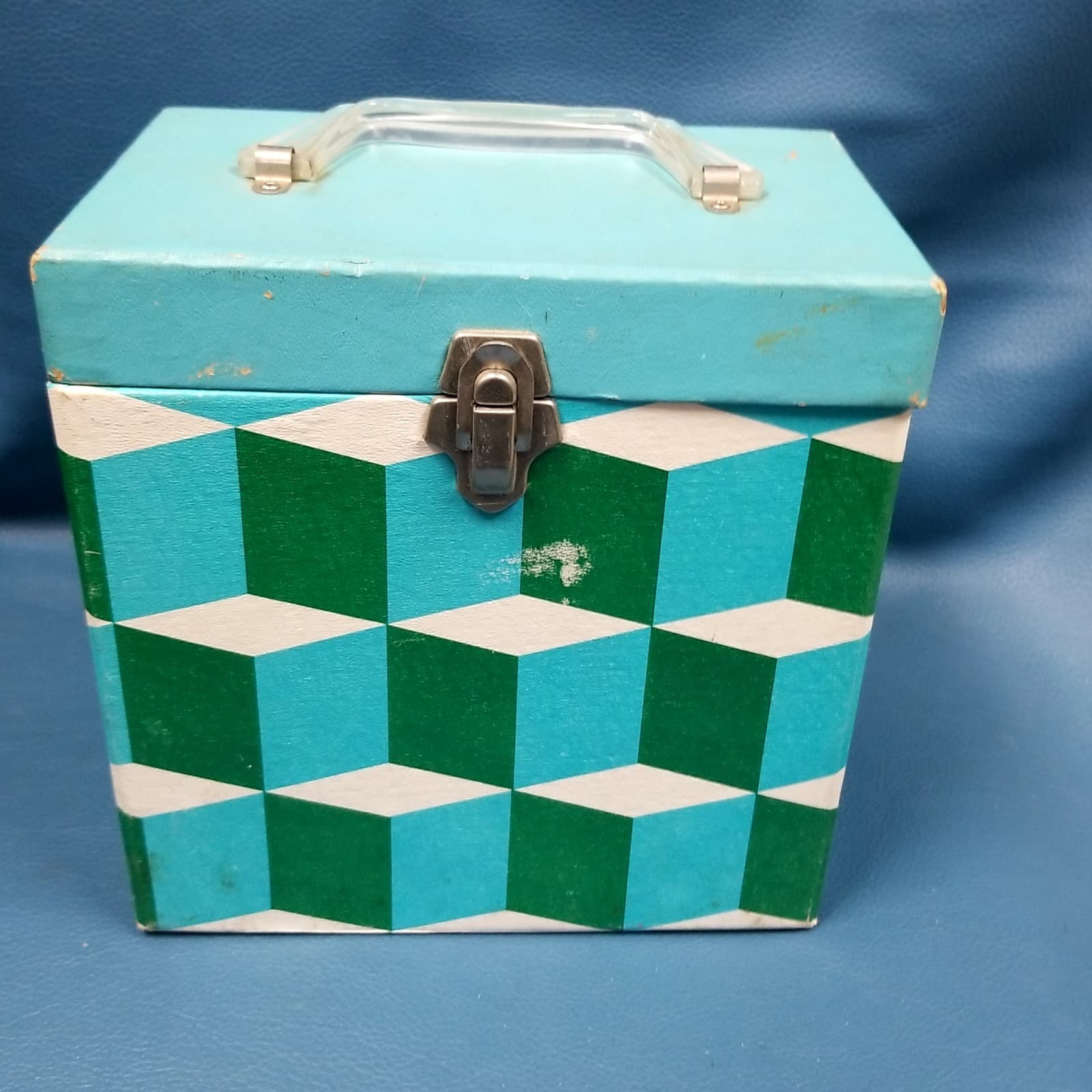 VTG Amberg Platter-Pak #740 7" Record tote Green/Turquoise Stacked Cube Pattern 