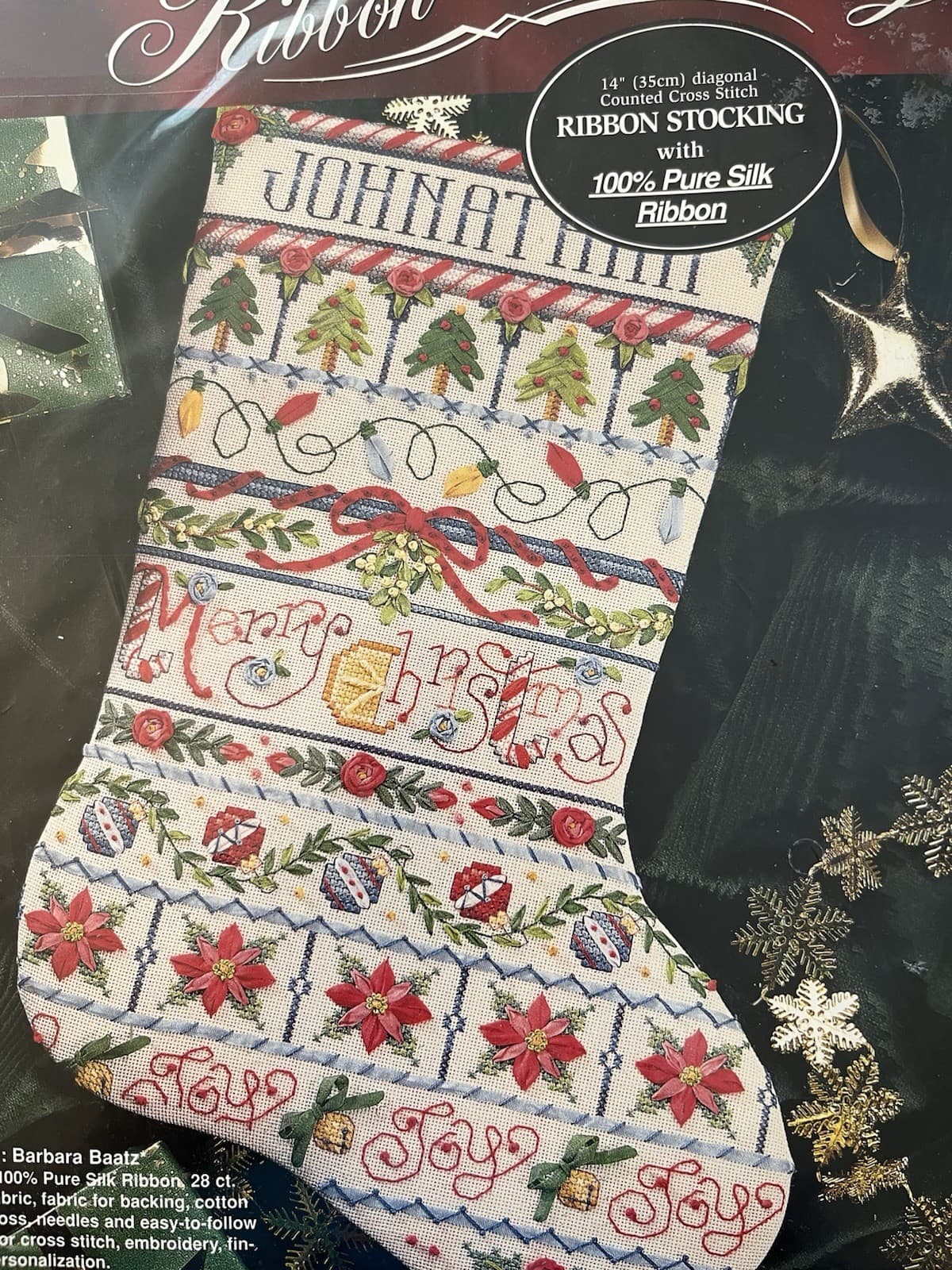 VTG 1995 BUCILLA SILK RIBBON EMBROIDERY XMAS STOCKING KIT #83309 "BAND SAMPLER" 2