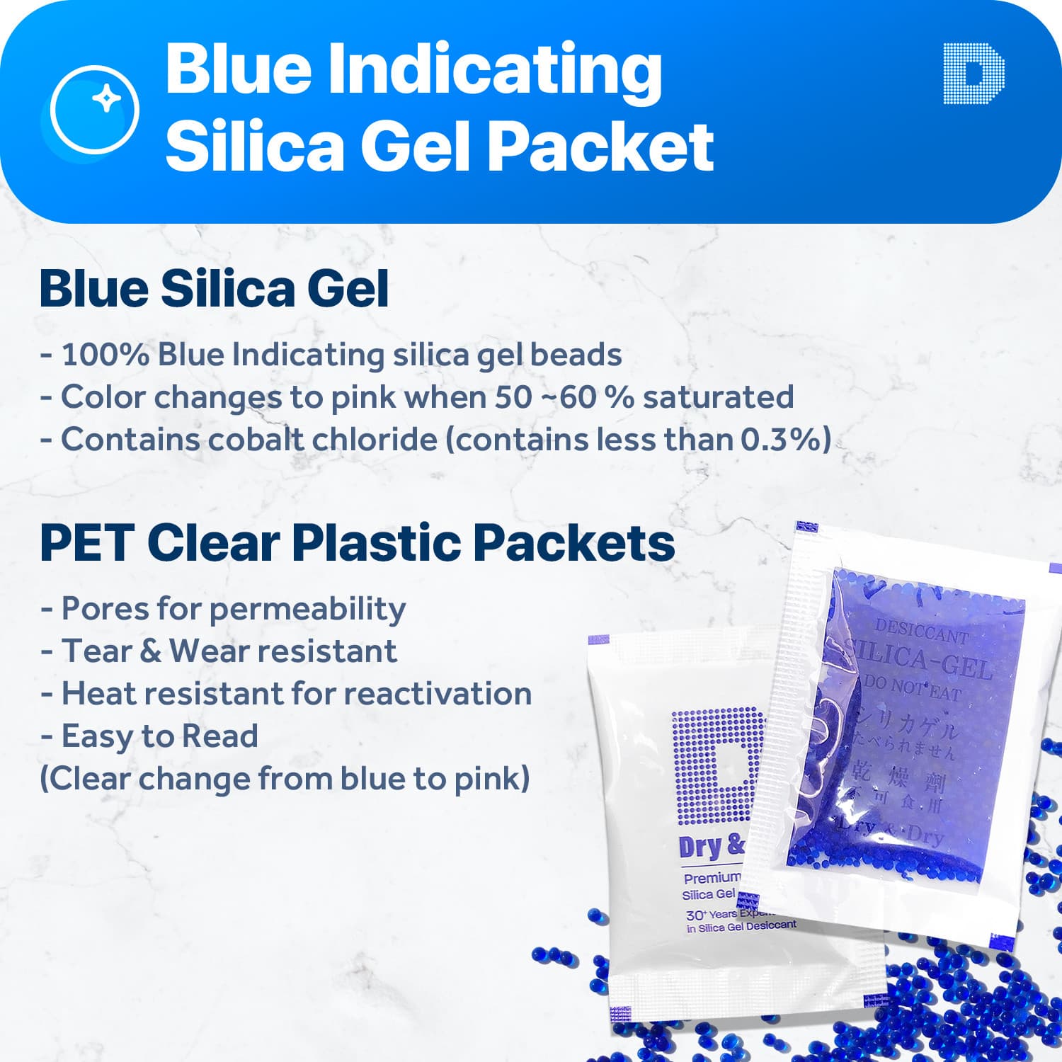 [30 Pk] 5 Gram" Dry & Dry" Premium Blue Indicating Silica Gel Packets - Reusable 2