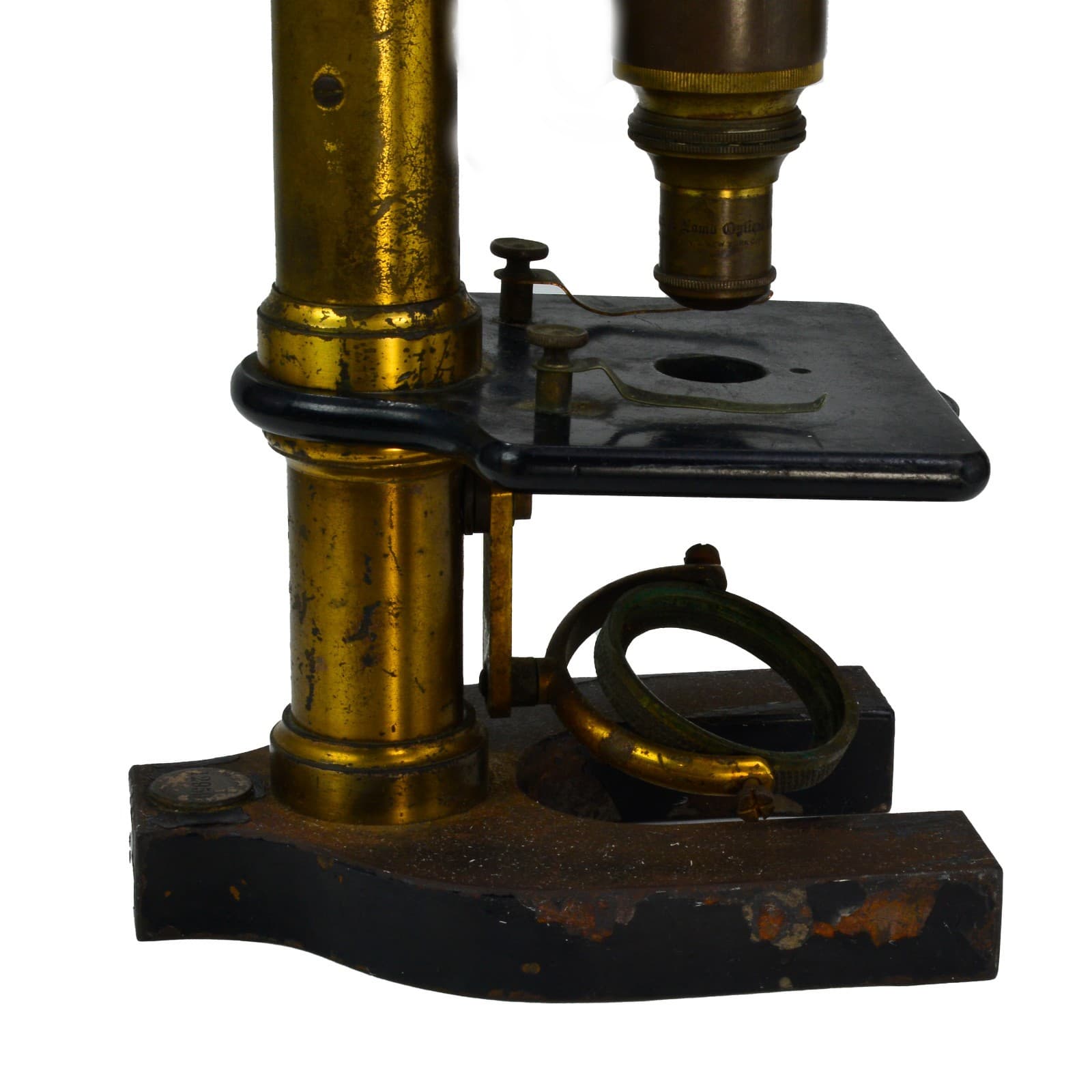 Small antique brass microscope single lens, cast iron base 6